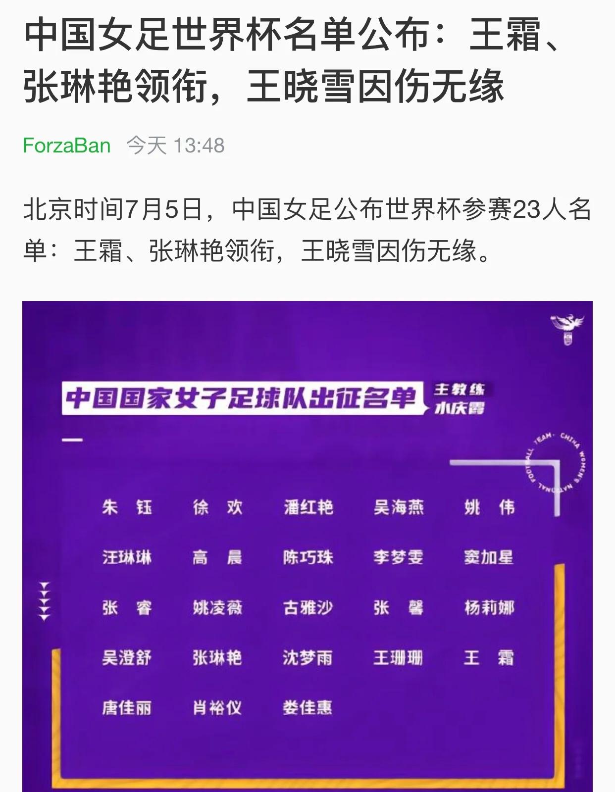 王霜领衔新一期中国女足集训名单米利西奇继续带队