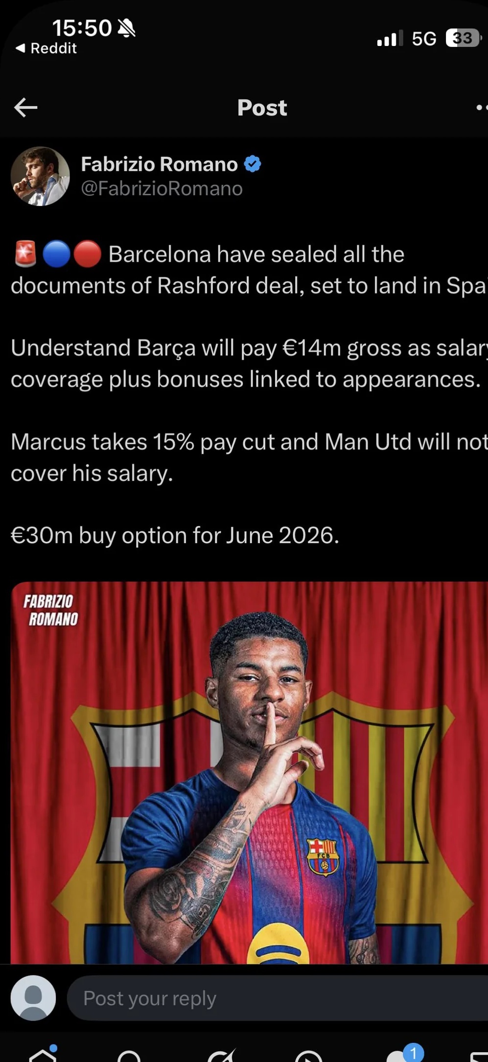 关于曼联希望在拉什福德的合同中加入赔偿金，以防巴萨不买断的信息